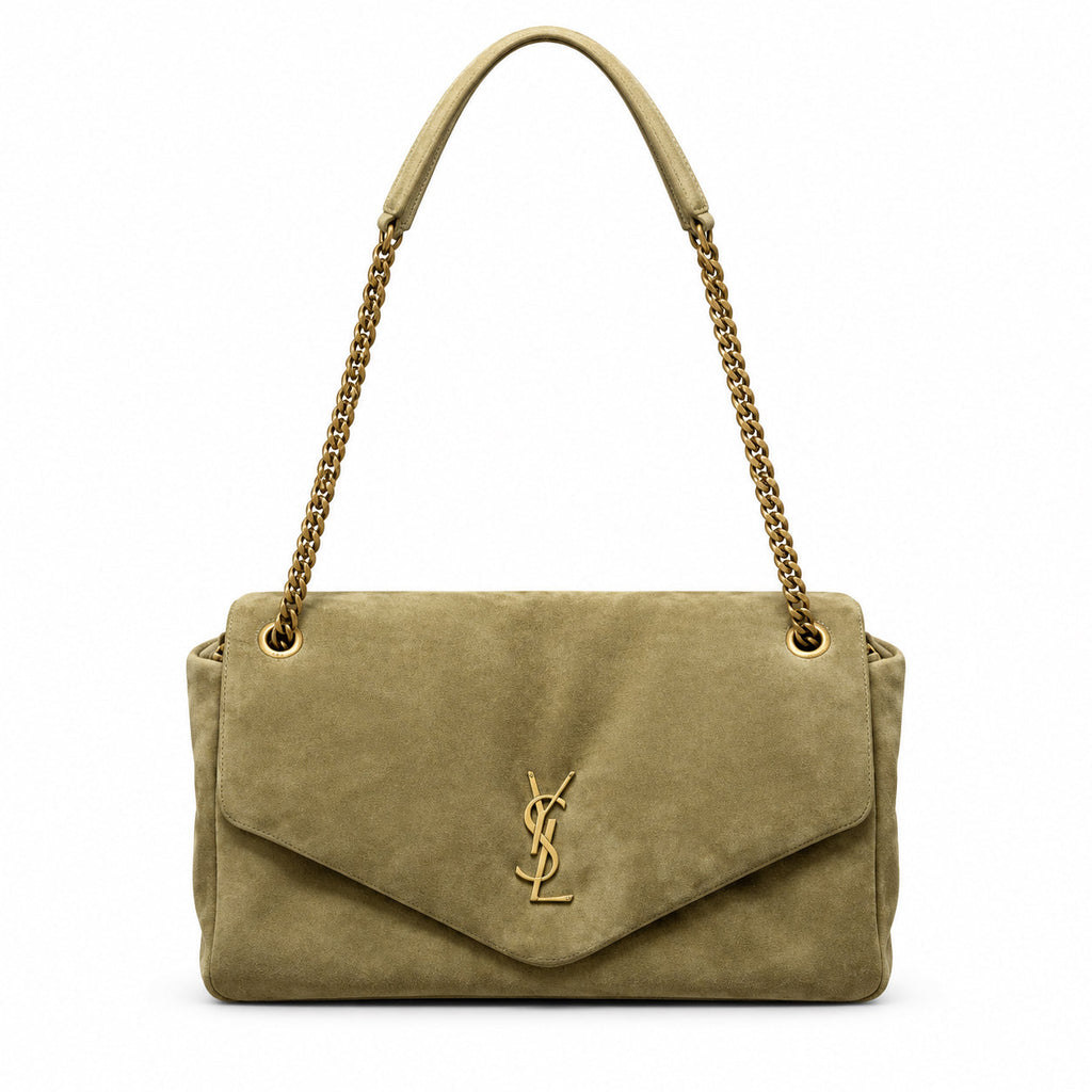 YSL Saint Laurent Calypso Suede Bag Sage Green Antique Gold Chain Straps