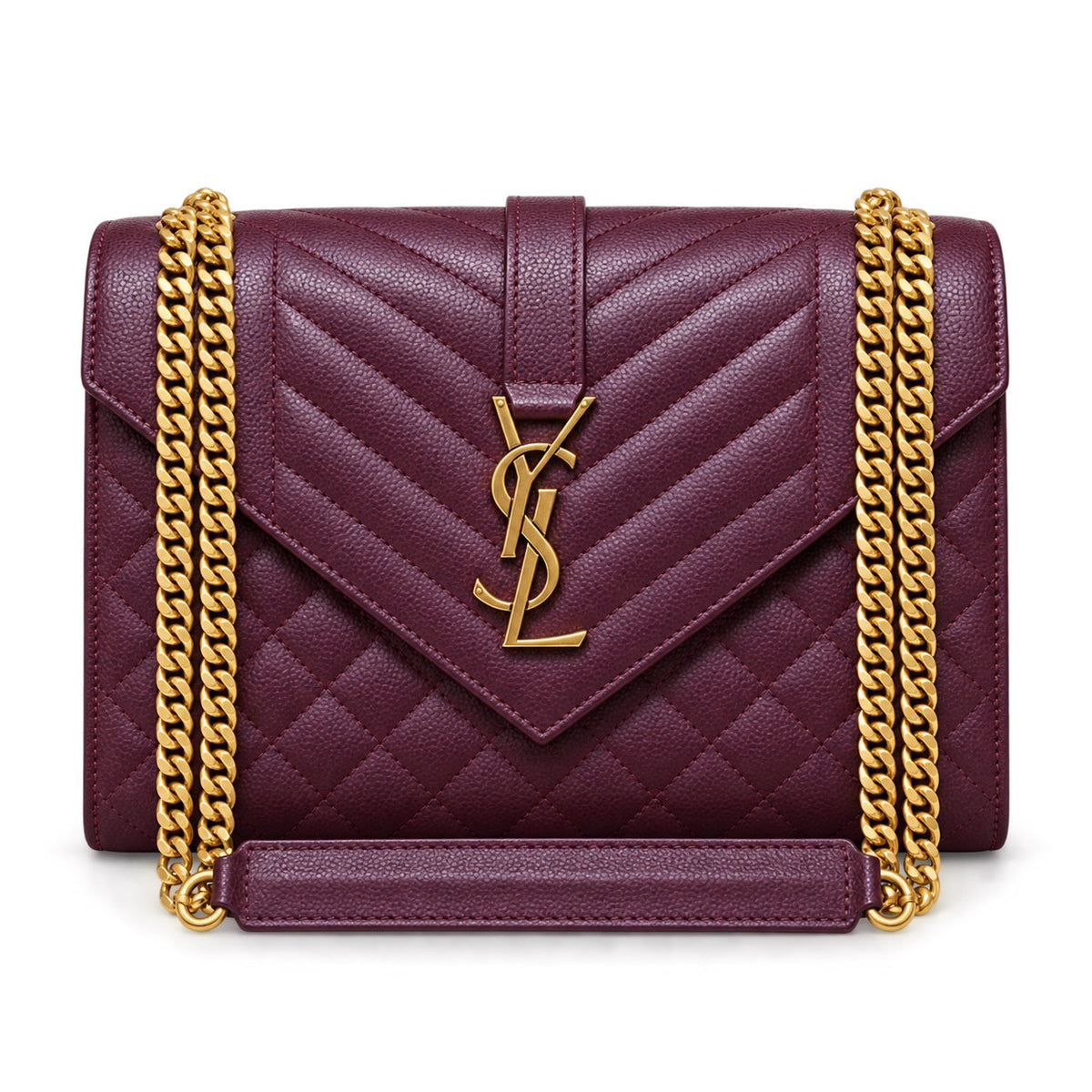 Saint Laurent YSL Envelope Medium Bag in Plum Deep Purple Bordeaux Violet Mix-Matelasse Quilted Grained Caviar Leather with Shiny Gold YSL Monogram Chevron Quilting and Double Gold Curb Chain Strap