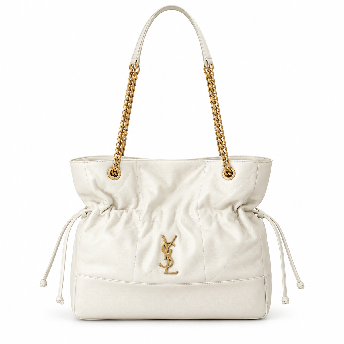 YSL Saint Laurent Jamie Tote Bag in white smooth leather with ruched drawstring silhouette, gold chain strap and YSL Cassandre monogram
