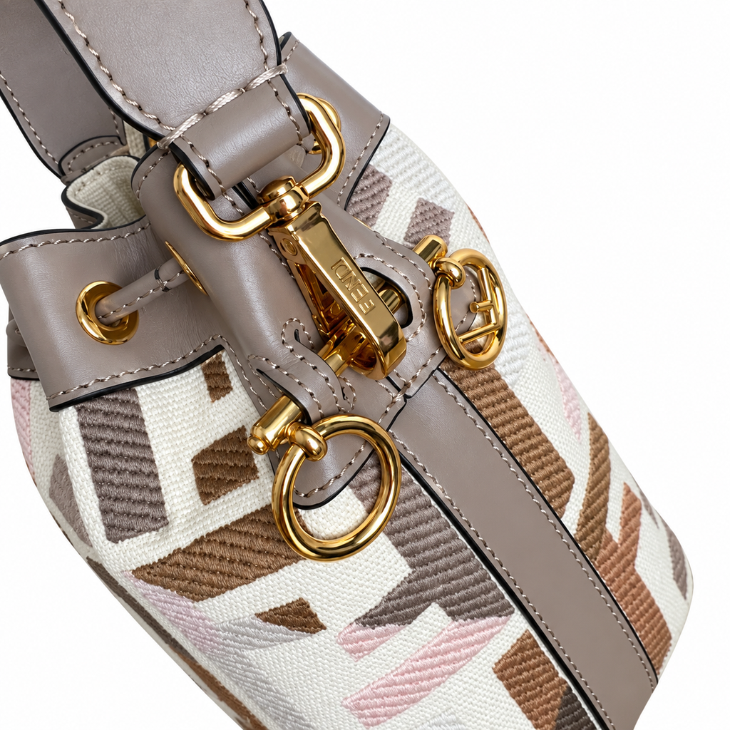 Fendi FF Mini Top Handle Bag – Jacquard Canvas & Leather Trim, Flap Closure, 12cm