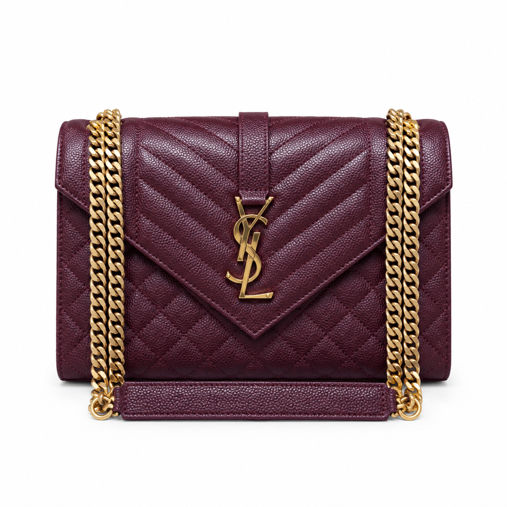 Saint Laurent YSL Envelope Bag in Burgundy Dark Red Mix-Matelasse Grained Leather with Antique Gold YSL Monogram Mixed Chevron Quilting and Double Gold Chain Strap