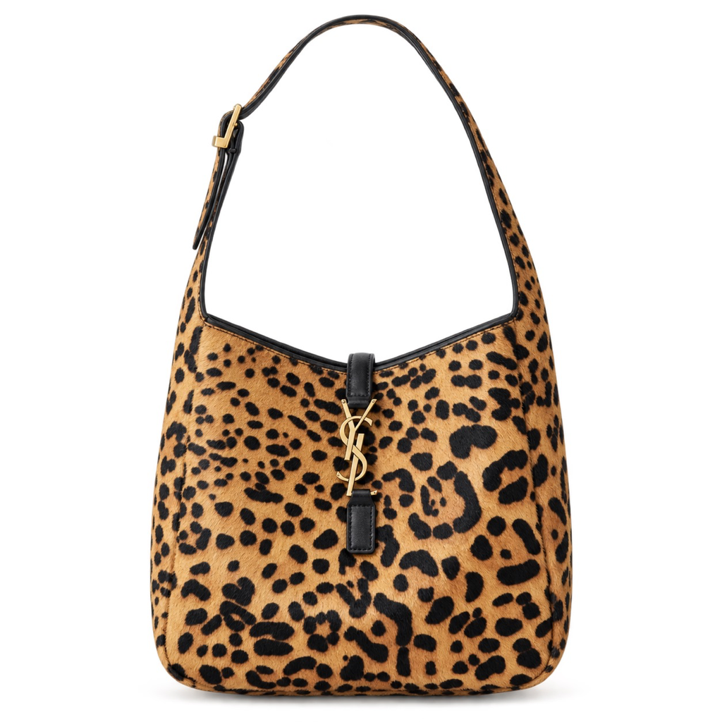 Saint Laurent YSL Le 5 à 7 Hobo Bag in Leopard Print Ponyhair with Black Leather Trim Gold YSL Toggle Closure and Adjustable Black Leather Shoulder Strap