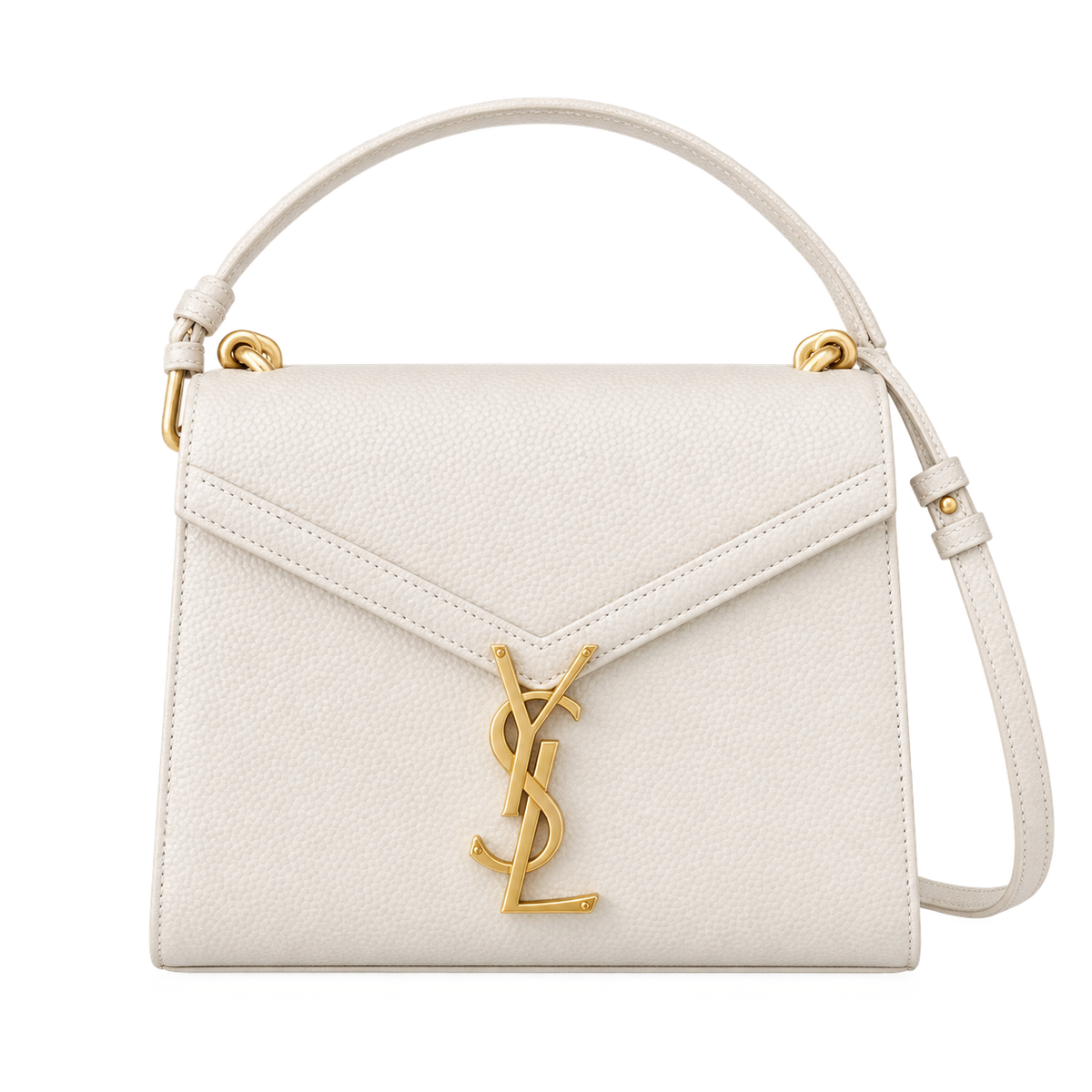 Saint Laurent Cassandra Mini cream grained leather top handle bag with gold YSL monogram charm and adjustable crossbody strap