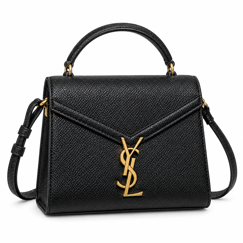 Saint Laurent Cassandra Mini black Epsom cross-grained leather top handle bag with gold YSL monogram charm and adjustable crossbody strap