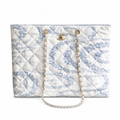 Chanel White & Blue Floral Jacquard Quilted Shopping Tote | White-Rimmed Gold CC Turn-Lock & Gold Chain Shoulder Strap