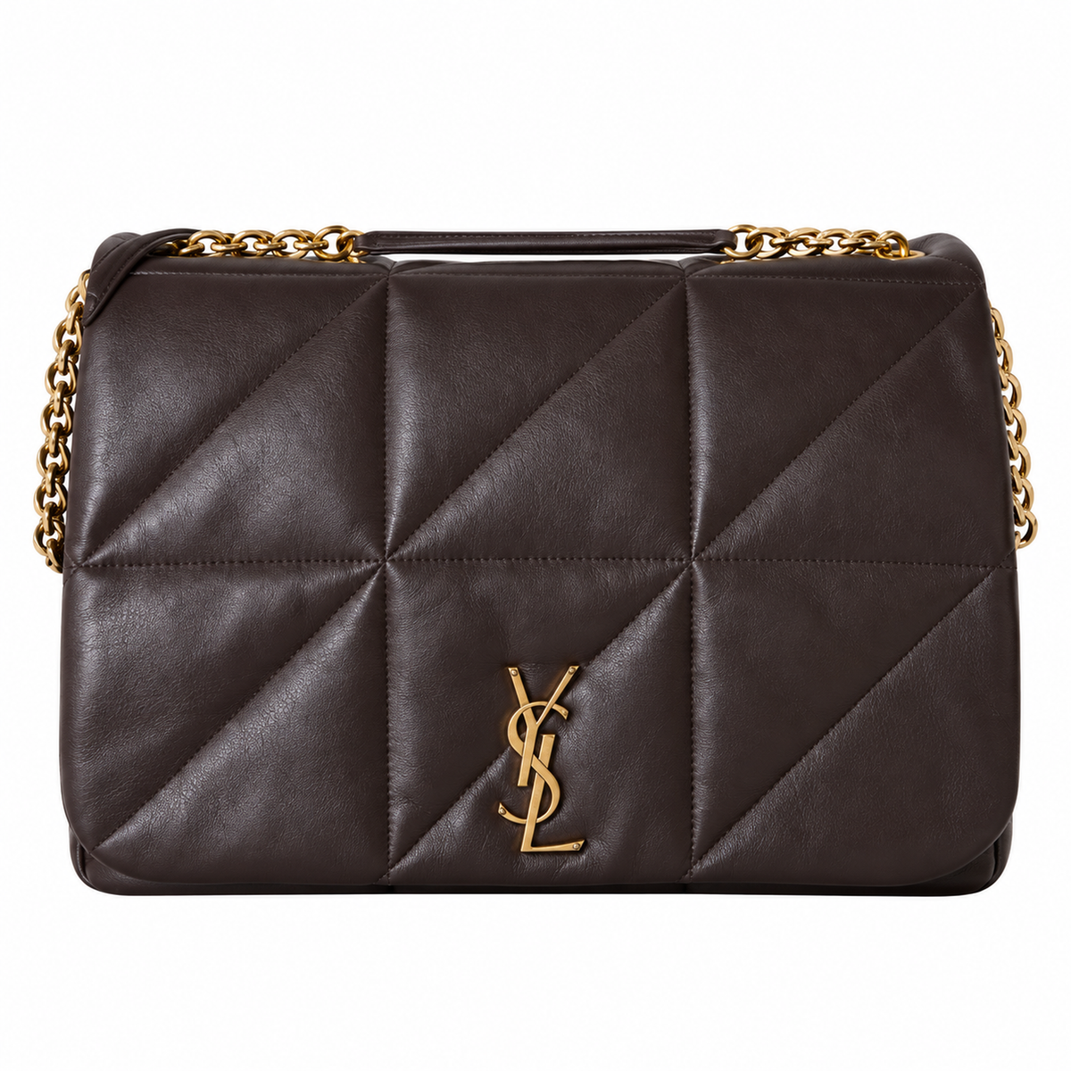 Saint Laurent YSL Jamie top handle quilted shoulder bag in dark brown calfskin leather with gold chain and hardware