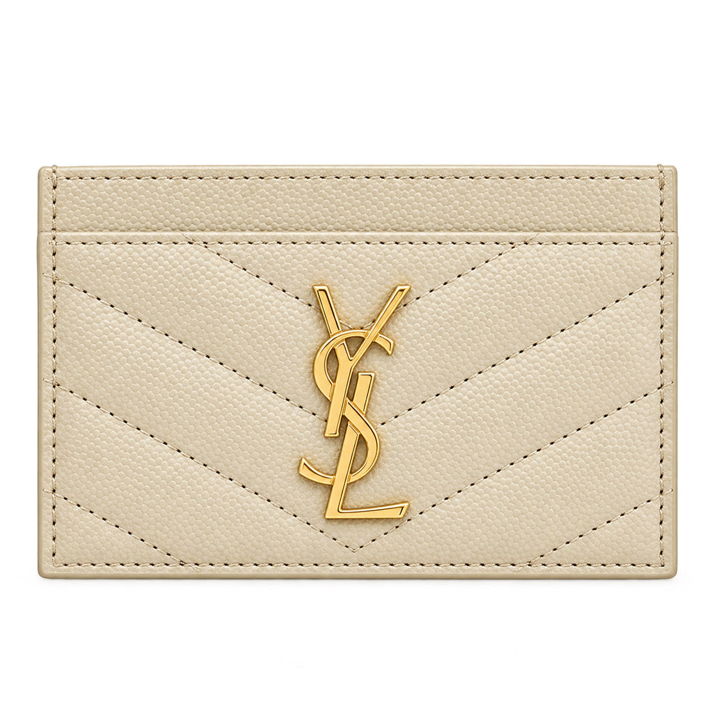 YSL Cassandre Card Holder Cream Ivory Chevron Quilted Leather Gold Logo Saint Laurent
