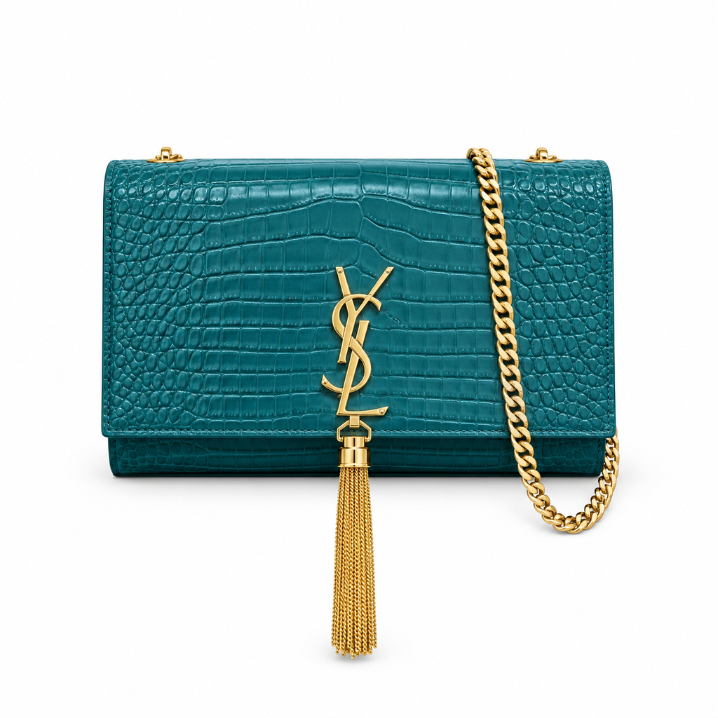 YSL Kate Tassel Chain Bag – Teal Croc-Embossed Leather