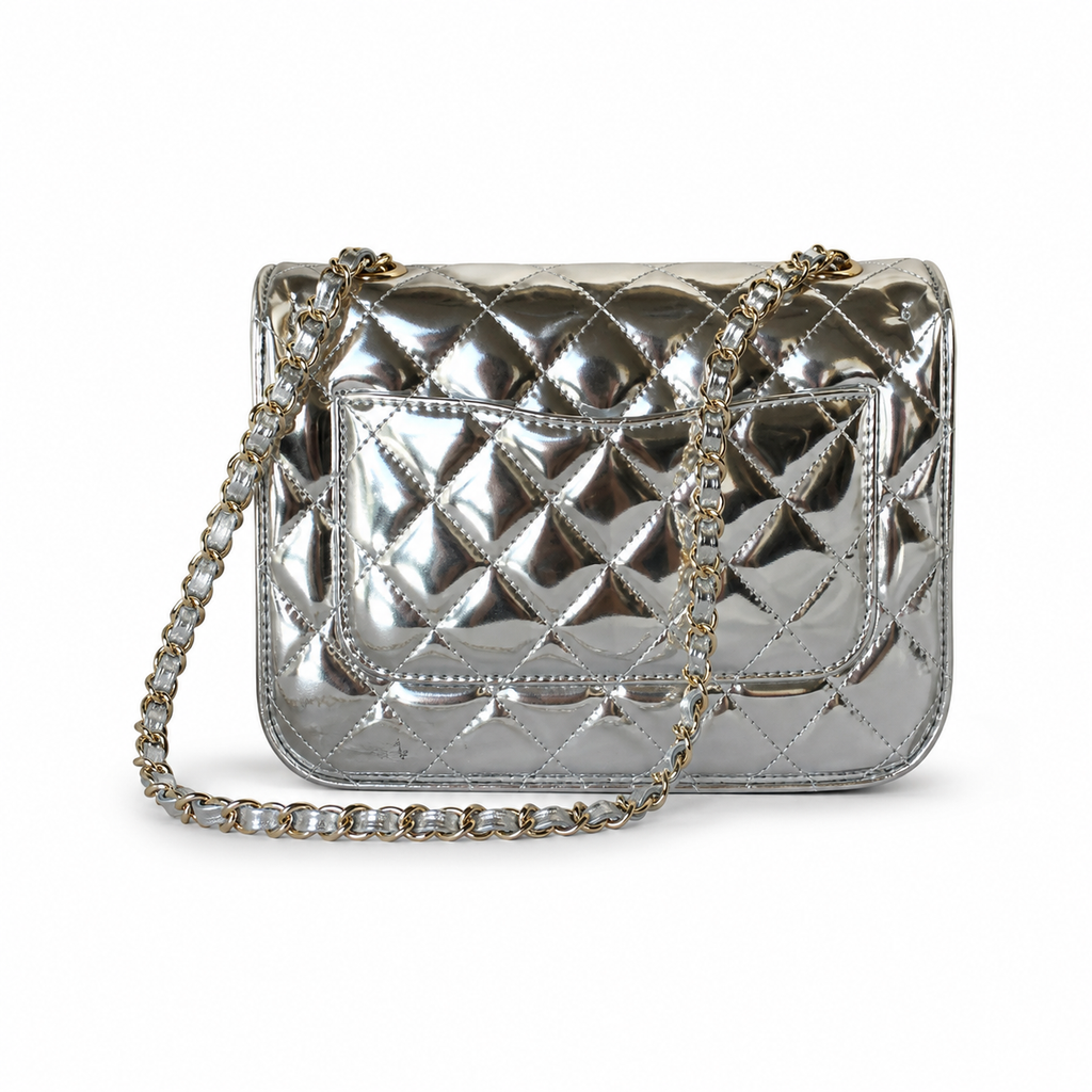 Chanel Mirror Metallic Quilted Flap Bag | CC Turn-Lock Silver Chain — 15x20cm