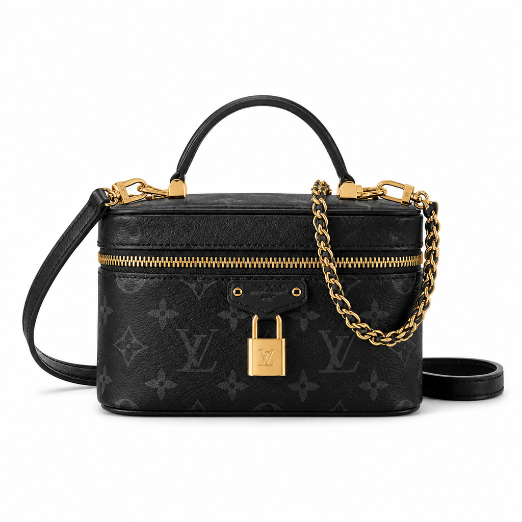 Louis Vuitton Vanity PM black Monogram Empreinte leather box bag with gold LV padlock, braided chain strap and double zip closure