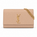 YSL Kate Chain Wallet Bag in nude pink grained leather with brushed gold YSL monogram and double chain strap, front view