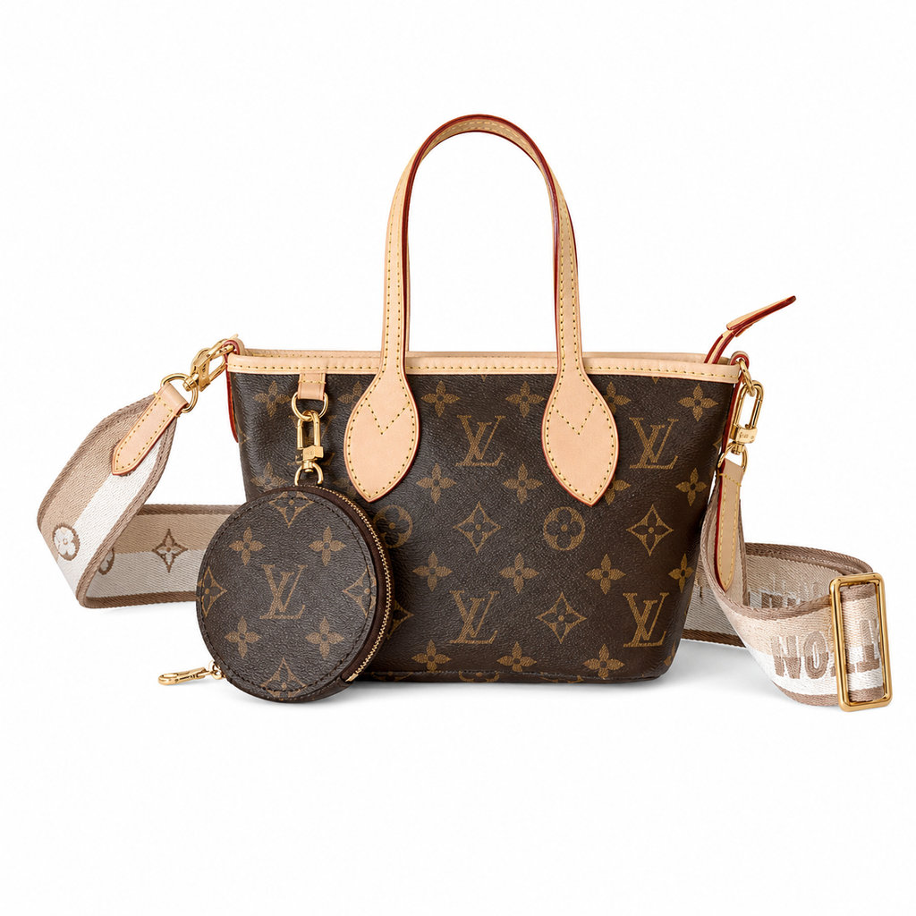 Louis Vuitton Neverfull BB Monogram Canvas Tote Bag with Round Coin Purse and Logo Jacquard Wide Strap