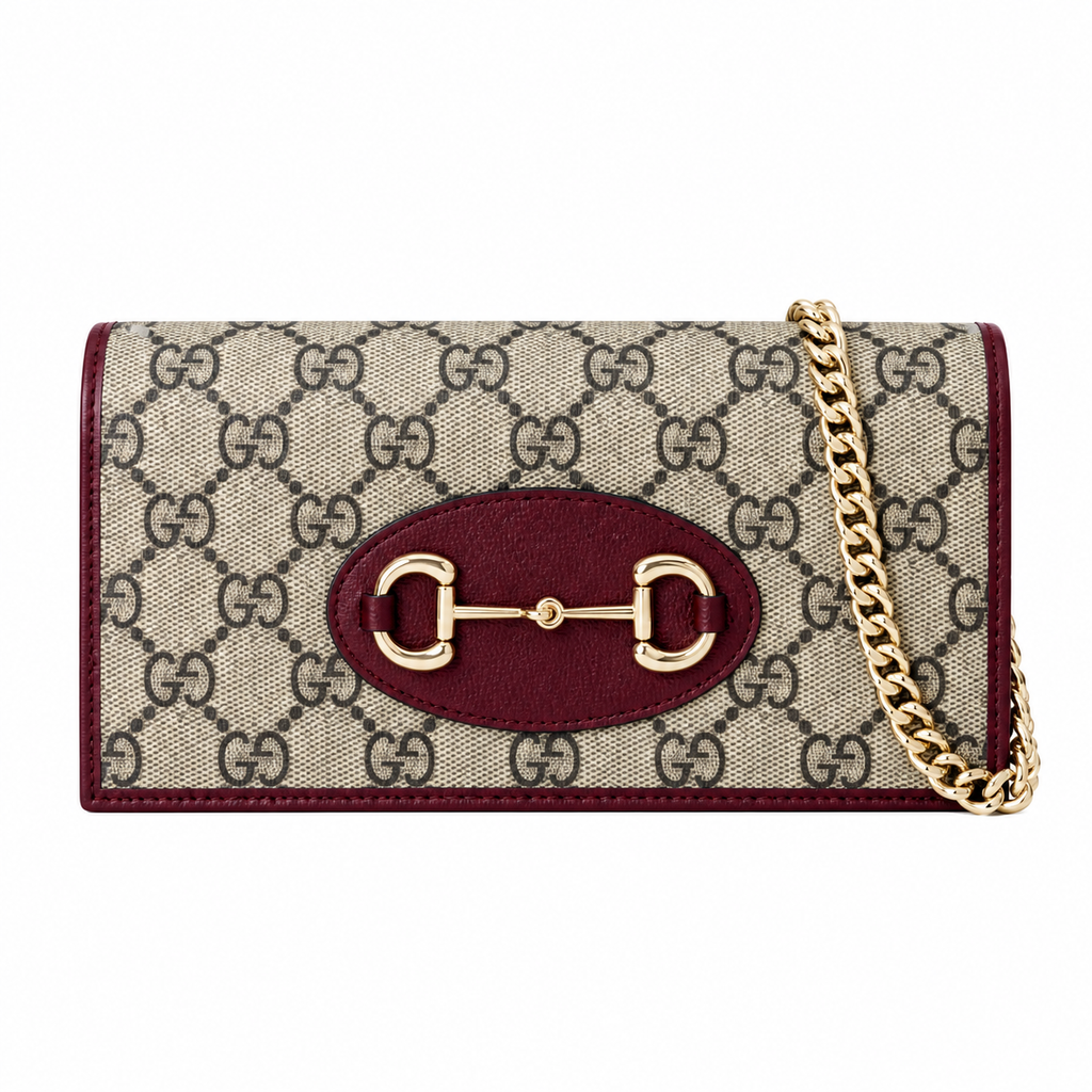Gucci Horsebit 1955 Chain Wallet in GG Supreme Canvas with Bordeaux Leather Trim