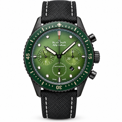 Blancpain Fifty Fathoms Bathyscaphe chronograph forest green sunburst dial tri-compax subdials green ceramic bezel black DLC case sailcloth fabric strap flyback dive watch