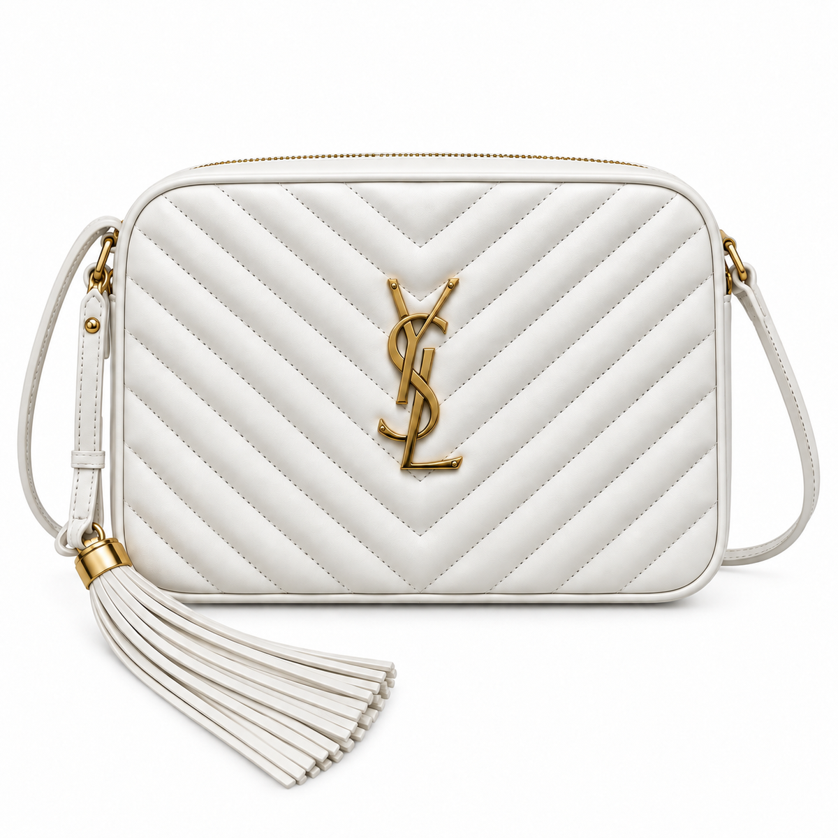 Saint Laurent YSL Lou Camera Bag in White Off-White Quilted Lambskin Leather with Aged Antique Gold YSL Monogram Chevron Quilting White Leather Tassel and Adjustable Strap