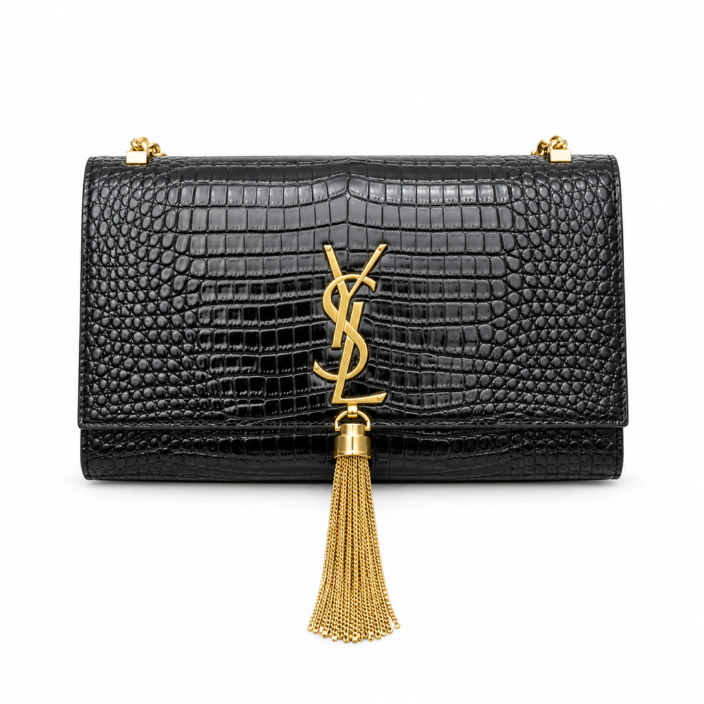 YSL Saint Laurent Kate Chain Bag Black Croc-Embossed Leather Gold YSL Monogram Tassel Chain Strap
