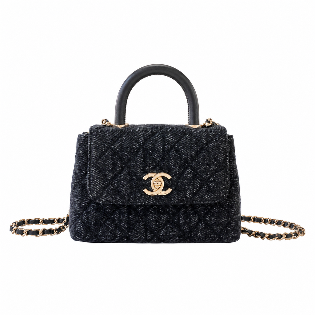 Chanel Coco Handle Quilted Denim Mini Flap | Charcoal & Gold CC — 11cm