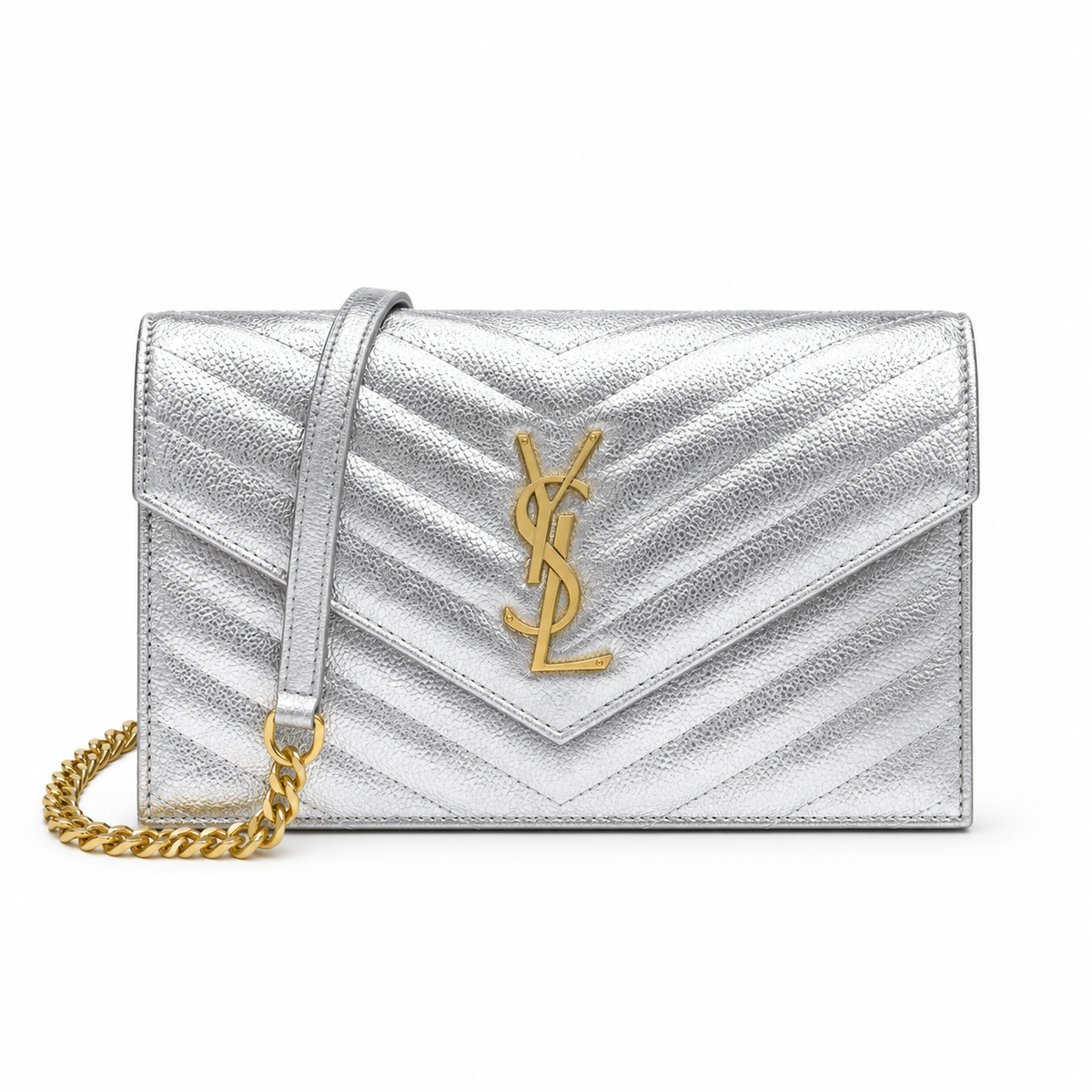 YSL Saint Laurent Envelope Chain Wallet in Silver Matelassé Leather