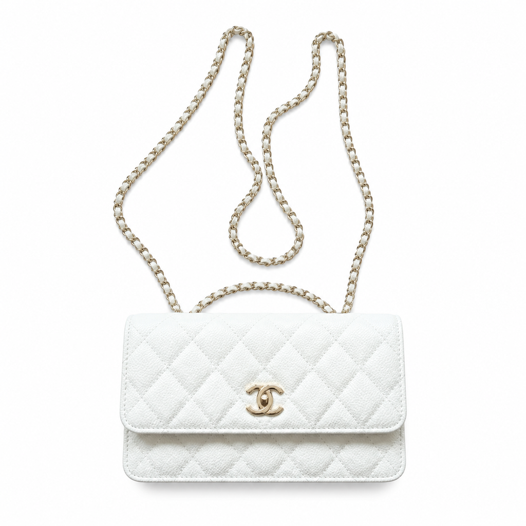 Chanel Wallet on Chain WOC White Caviar | Light Gold CC Clasp & Silver Chain — 19cm