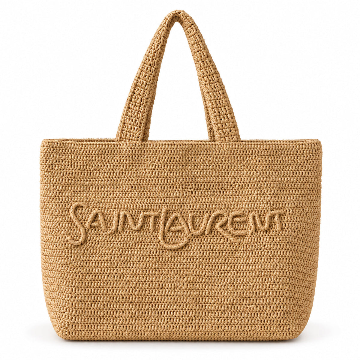 YSL Saint Laurent Raffia Tote Bag Natural Beige Hand-Crocheted Saint Laurent Logo Embroidery