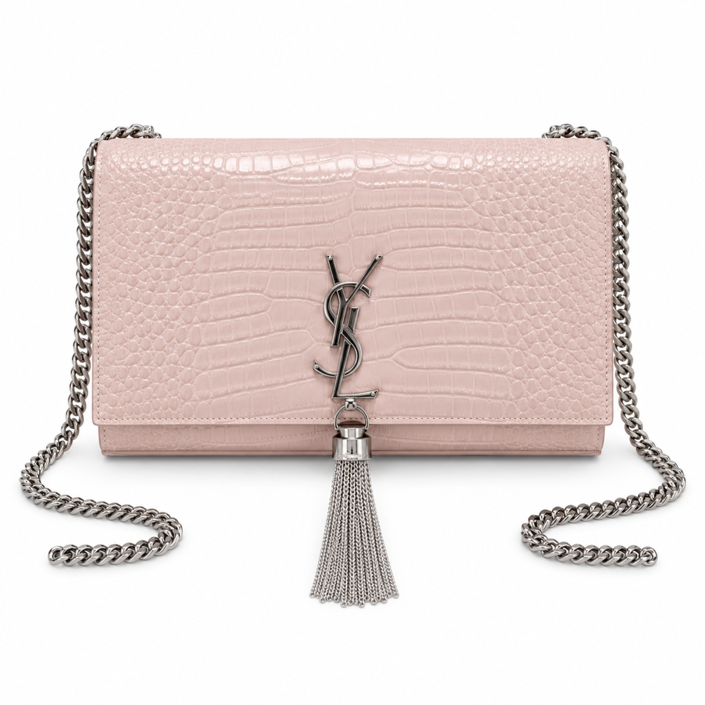 YSL Kate Tassel Chain Bag in blush pink croc-embossed leather with silver YSL monogram and dangling chain tassel, front view