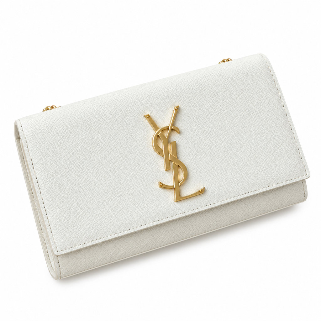 Saint Laurent YSL Kate Chain Wallet – Cream Suede Gold
