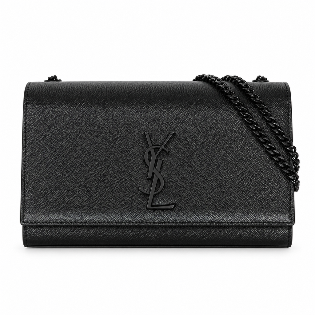 Saint Laurent YSL Kate Chain Bag in All Black Grained Leather with Matte Black Hardware and Chain Strap
