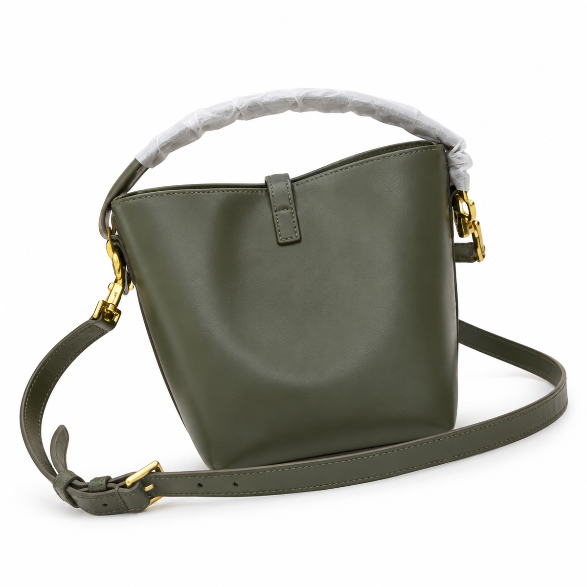 YSL Saint Laurent Le Petit Suzanne Bucket Bag in Khaki Smooth Leather