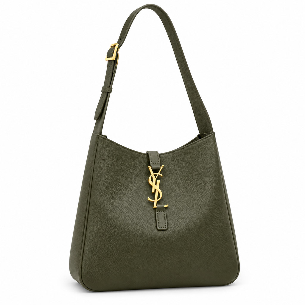 Saint Laurent YSL Le 5 à 7 Hobo Bag in Khaki Olive Green Dark Army Grained Leather with Gold YSL Toggle Closure and Adjustable Leather Shoulder Strap