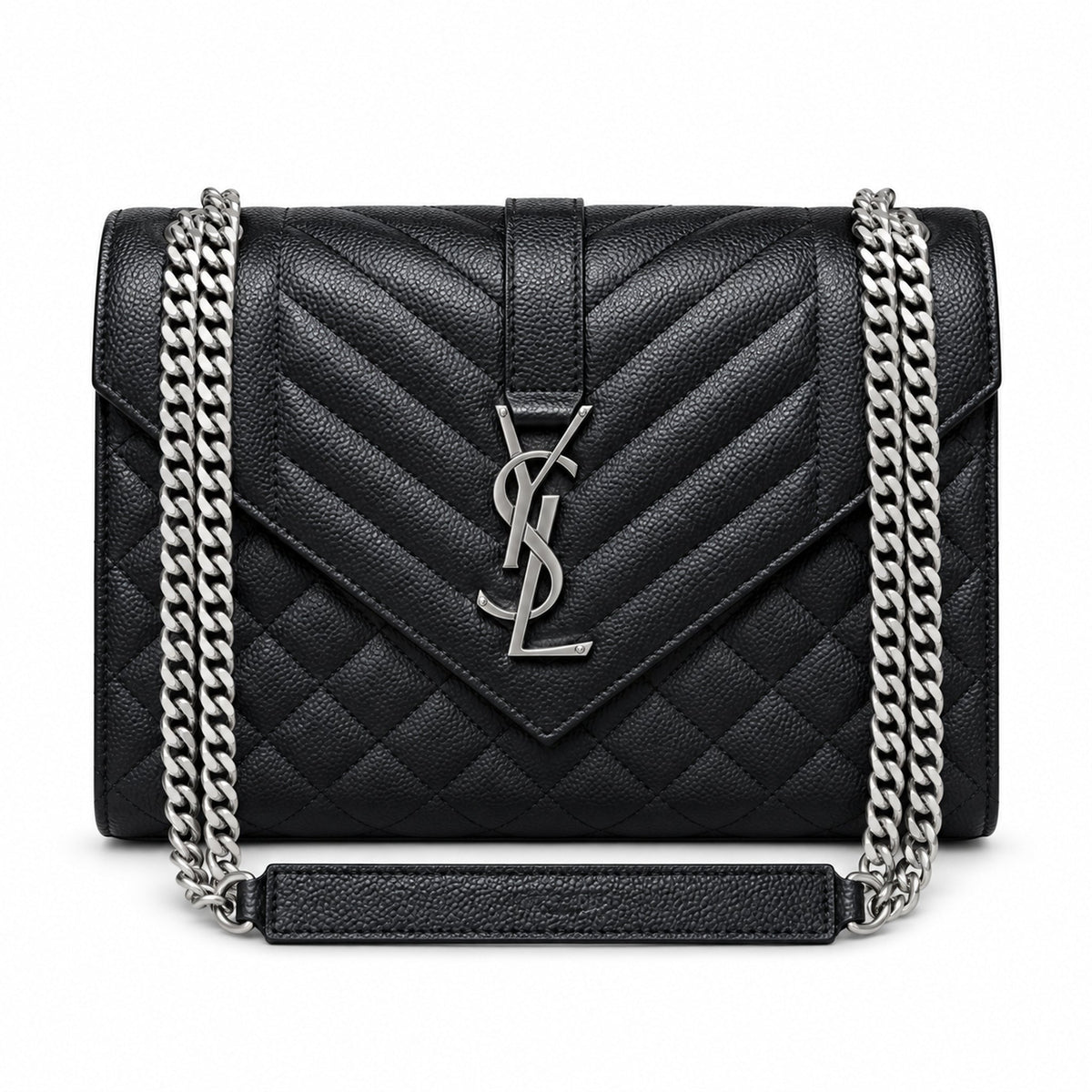 Saint Laurent YSL Envelope Large Bag in Black Noir Mix-Matelasse Quilted Grained Leather with Silver YSL Monogram Chevron Quilting Silver Curb Chain and Leather Wrist Handle