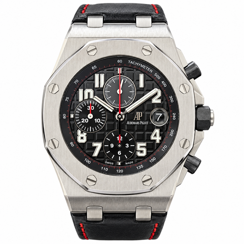 Audemars Piguet Royal Oak Offshore Chronograph Black Mega Tapisserie Dial Red Seconds Hand Leather Strap