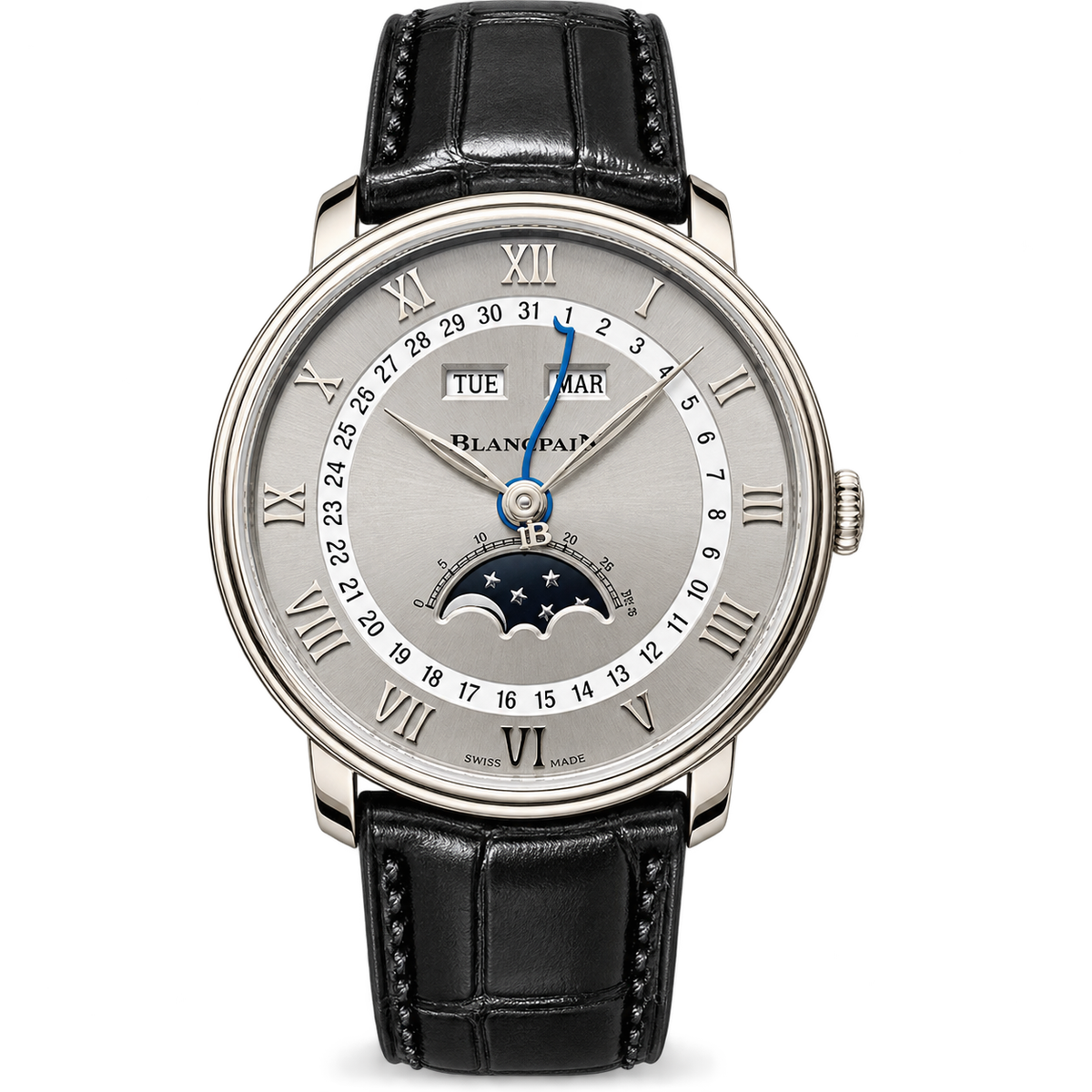 Blancpain Villeret full calendar moonphase stainless steel silvered dial Roman numerals blue steel hands peripheral date black alligator strap watch