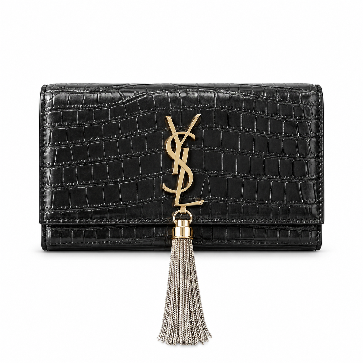 Saint Laurent YSL Kate Medium Bag in Black Noir Crocodile-Embossed Calfskin Leather with Shiny Gold YSL Monogram Silk Metal Tassel Charm and Detachable Gold Curb Chain Strap