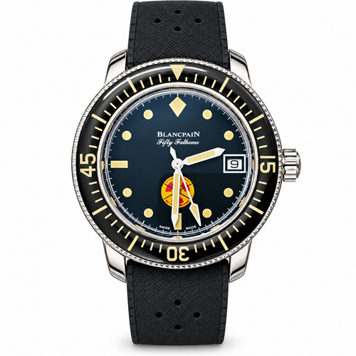 Blancpain Fifty Fathoms Tribute to Fifty Fathoms black dial gold dot indices Ocean Commitment coloured badge date black coin-edge bezel perforated rubber strap limited edition dive watch