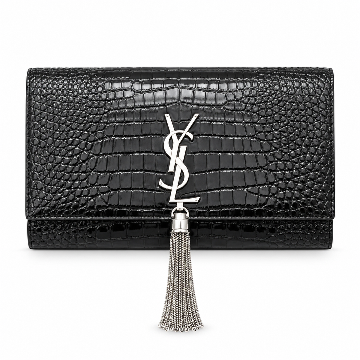 YSL Saint Laurent Kate Clutch in Black Croc-Embossed Leather with Tassel