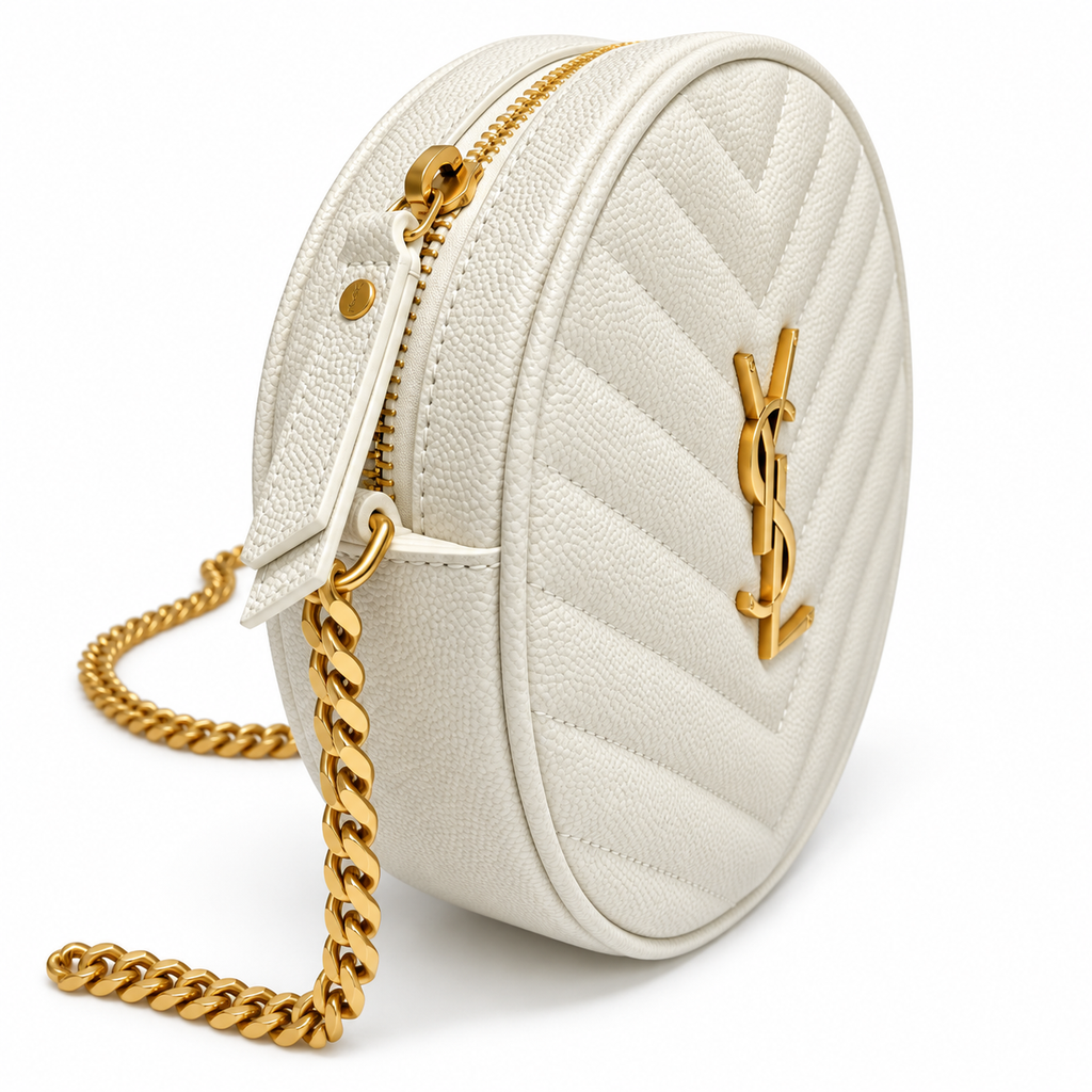 YSL Saint Laurent Vinyle Round Chain Bag in Cream Matelassé Leather