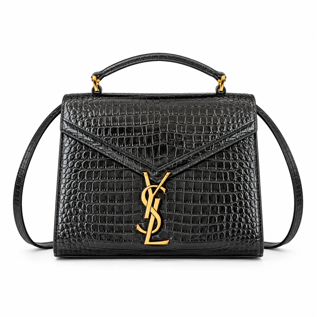 Saint Laurent YSL Cassandre Black Croc-Embossed Top Handle Bag with Gold Hardware