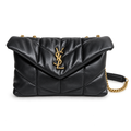 Saint Laurent YSL Loulou Puffer Bag in Black Quilted Lambskin Leather with Gold YSL Monogram Envelope Flap and Gold Chain Strap