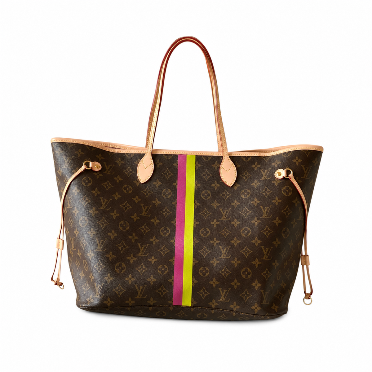 Louis Vuitton Neverfull GM Monogram Canvas with Pink and Yellow Stripe Customization and Vachetta Leather