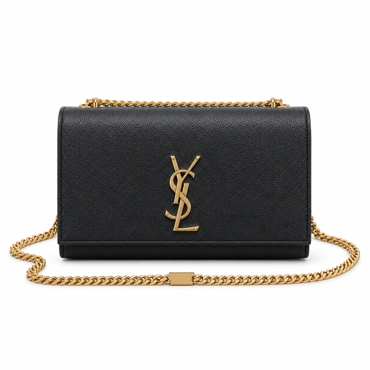 Saint Laurent YSL Kate chain crossbody bag in black grained calfskin leather with oversized gold YSL monogram and curb chain strap