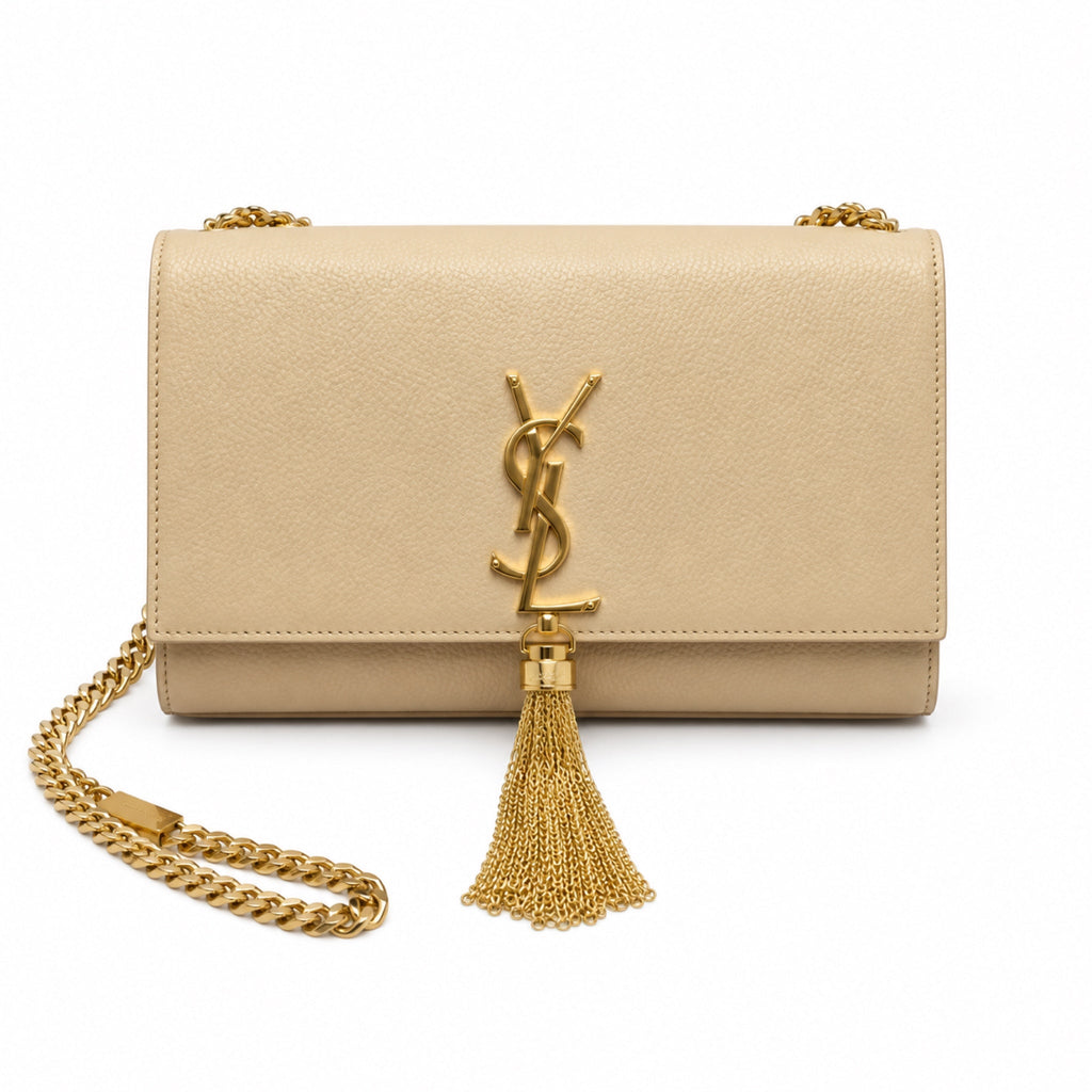 Saint Laurent YSL Kate Tassel chain crossbody bag in warm beige sand smooth calfskin leather with antique gold YSL monogram gold curb chain and cascading gold chain tassel
