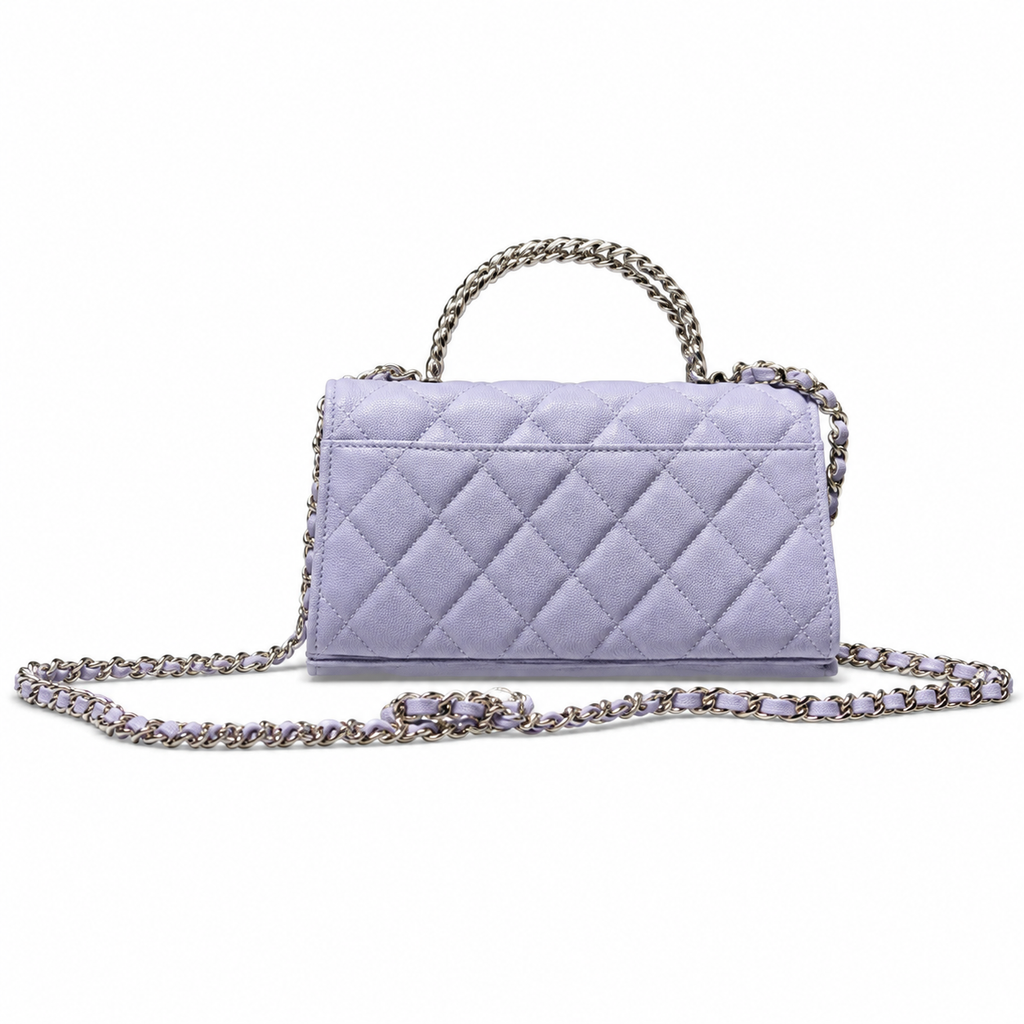 Chanel Lavender Caviar Quilted Mini Top Handle Flap Bag | Crystal CC Closure, Silver Chain & Tonal Lavender Interlace