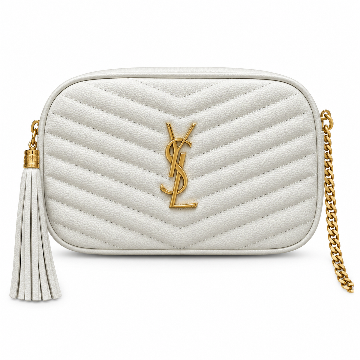 Saint Laurent YSL Lou Mini Camera Bag in White Ivory Grained Leather with Gold YSL Monogram Chevron Quilting White Tassel and Gold Chain Strap