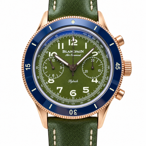 Blancpain Air Command Flyback chronograph rose gold military green dial blue ceramic bezel olive leather strap