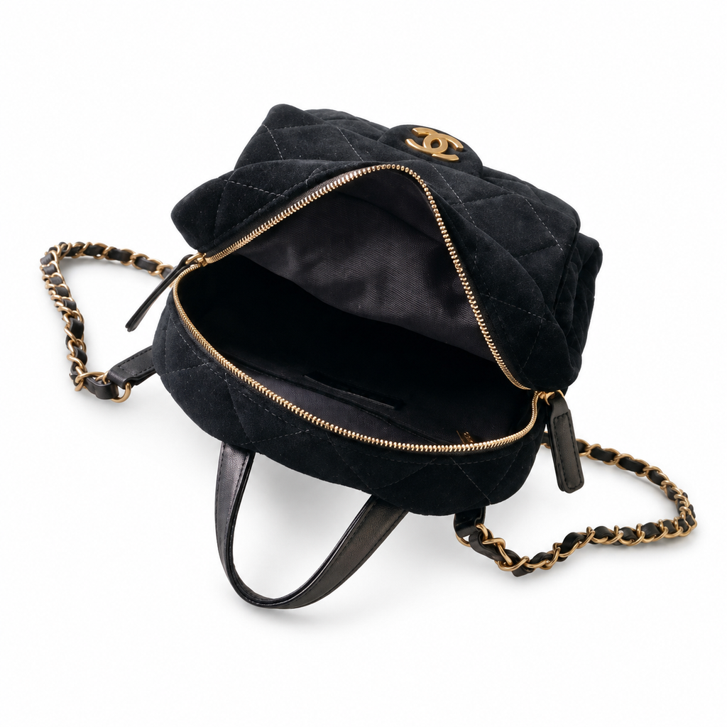 Chanel Velvet Quilted Mini Backpack | CC Turn-Lock Gold Chain Black — 22cm