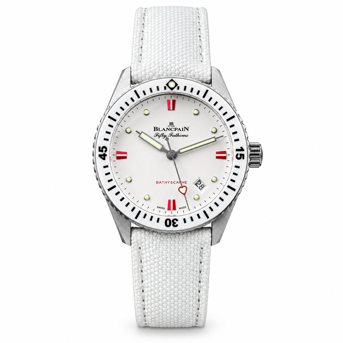 Blancpain Fifty Fathoms Bathyscaphe Heart Edition white dial with red indices and canvas strap