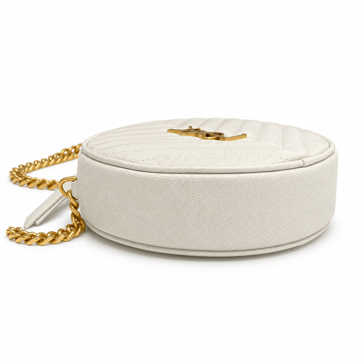YSL Saint Laurent Vinyle Round Chain Bag in Cream Matelassé Leather