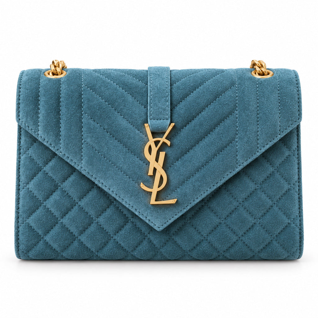 YSL Envelope Medium Bag – Teal Quilted Suede