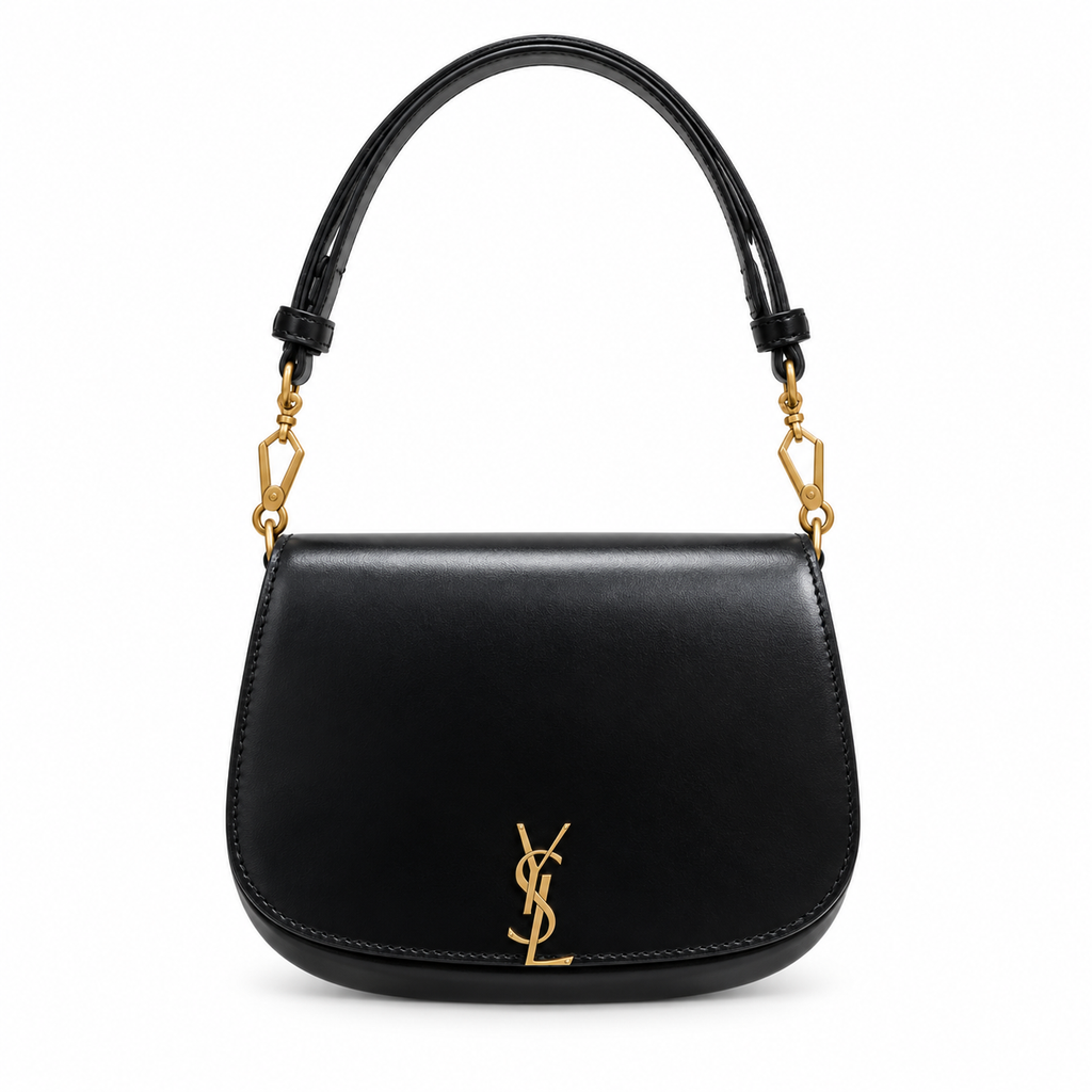 Saint Laurent YSL Voltaire structured saddle flap shoulder bag in black smooth calfskin leather with geometric antique gold hardware and YSL monogram