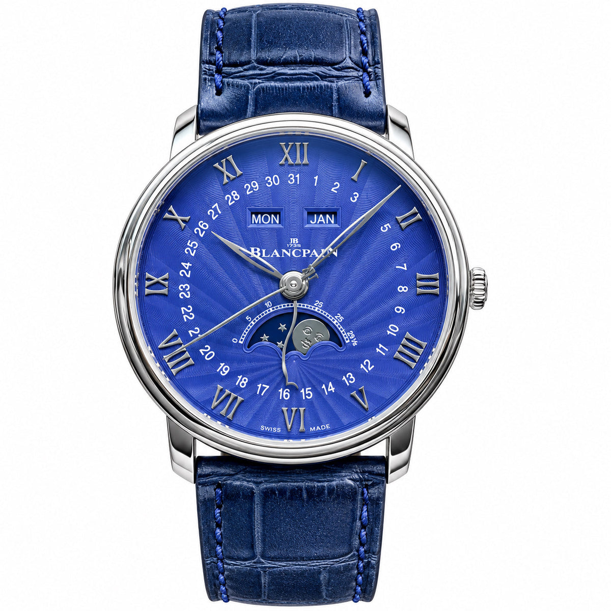 Blancpain Villeret Quantième Complet – Steel Blue Guilloché Dial Moonphase Calendar Swiss Automatic